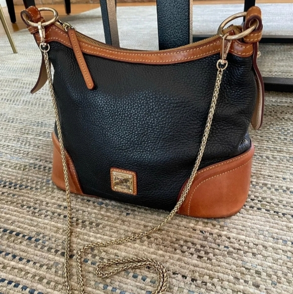 DOONEY & BOURKE Large Pebbled Leather Crossbody Bag w/ Gold Chain Strap Blue Tan - Picture 3 of 12